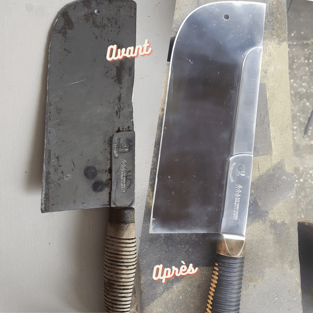 Couteau de boucher réparé, avant après